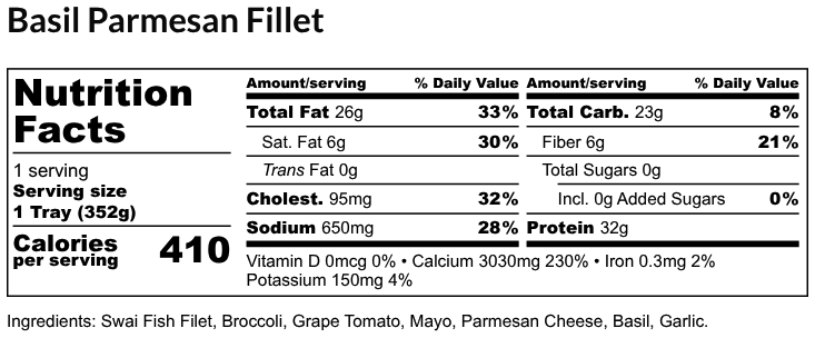 Nutritional Facts - Basil Parmesan Fillet 6oz